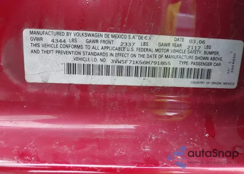 2006 Volkswagen Jetta 2.5 from USA, damaged, VIN 3VWSF71K56M791855